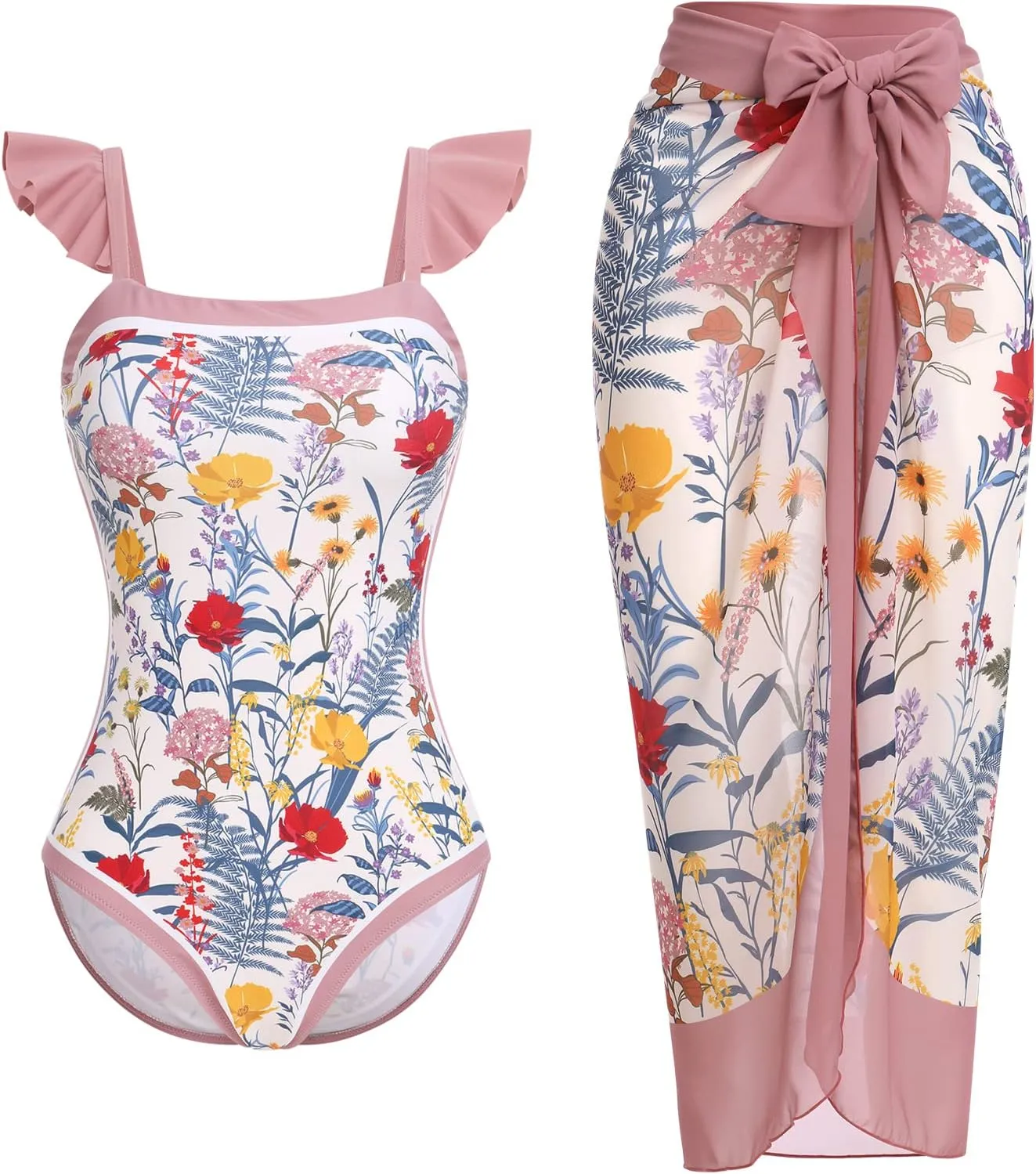 IDOPIP Women's One Piece Swimsuit with Beach Cover up Wrap Skirt Sarong Retro Floral Print Bikini Set Two Piece Bathing Suit