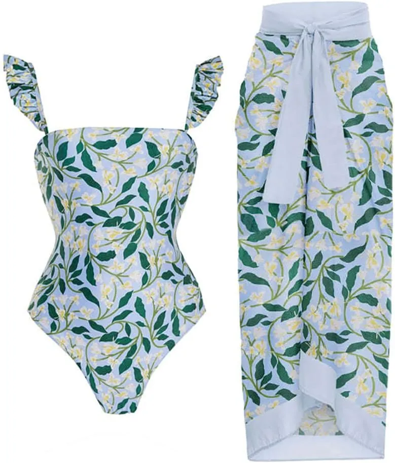 IDOPIP Women's One Piece Swimsuit with Beach Cover up Wrap Skirt Sarong Retro Floral Print Bikini Set Two Piece Bathing Suit