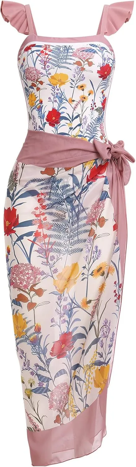 IDOPIP Women's One Piece Swimsuit with Beach Cover up Wrap Skirt Sarong Retro Floral Print Bikini Set Two Piece Bathing Suit