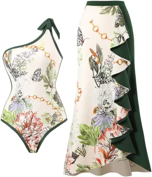 IDOPIP Women's One Piece Swimsuit with Beach Cover up Wrap Skirt Sarong Retro Floral Print Bikini Set Two Piece Bathing Suit