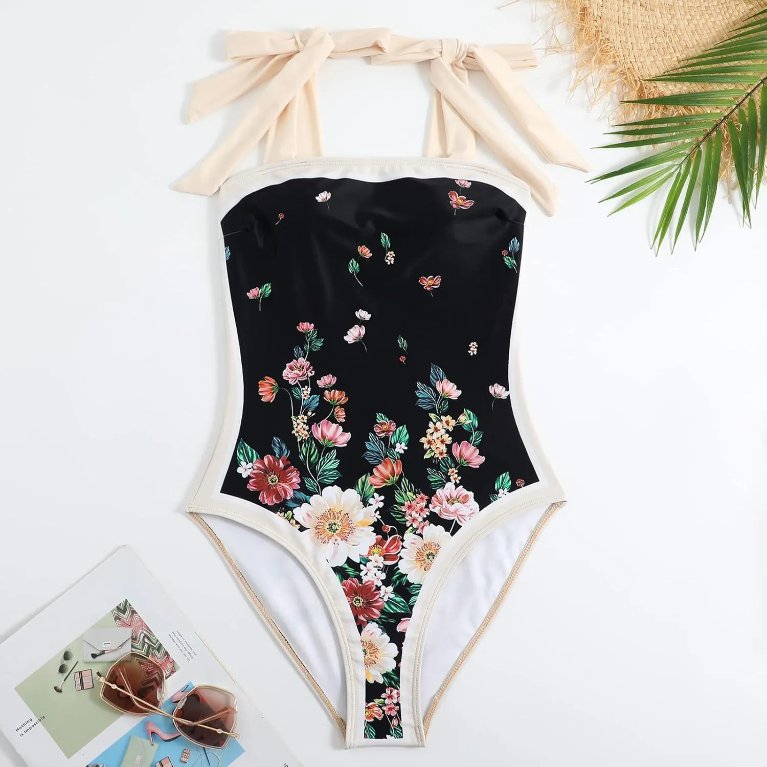 IDOPIP Women's One Piece Swimsuit with Beach Cover up Wrap Skirt Sarong Retro Floral Print Bikini Set Two Piece Bathing Suit