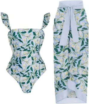 IDOPIP Women's One Piece Swimsuit with Beach Cover up Wrap Skirt Sarong Retro Floral Print Bikini Set Two Piece Bathing Suit