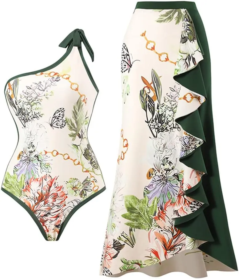 IDOPIP Women's One Piece Swimsuit with Beach Cover up Wrap Skirt Sarong Retro Floral Print Bikini Set Two Piece Bathing Suit