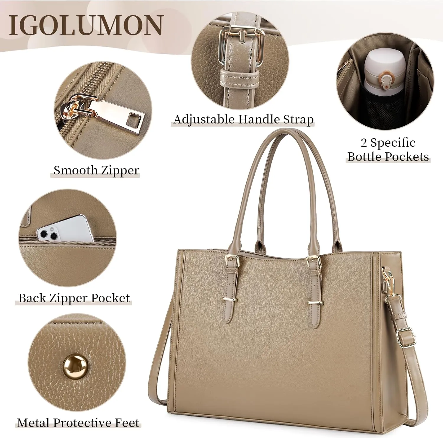 IGOLUMON Laptop Bag for Women 15.6 inch Waterproof Tote Leather Work purse Office Travel Handbag Shoulder Khaki