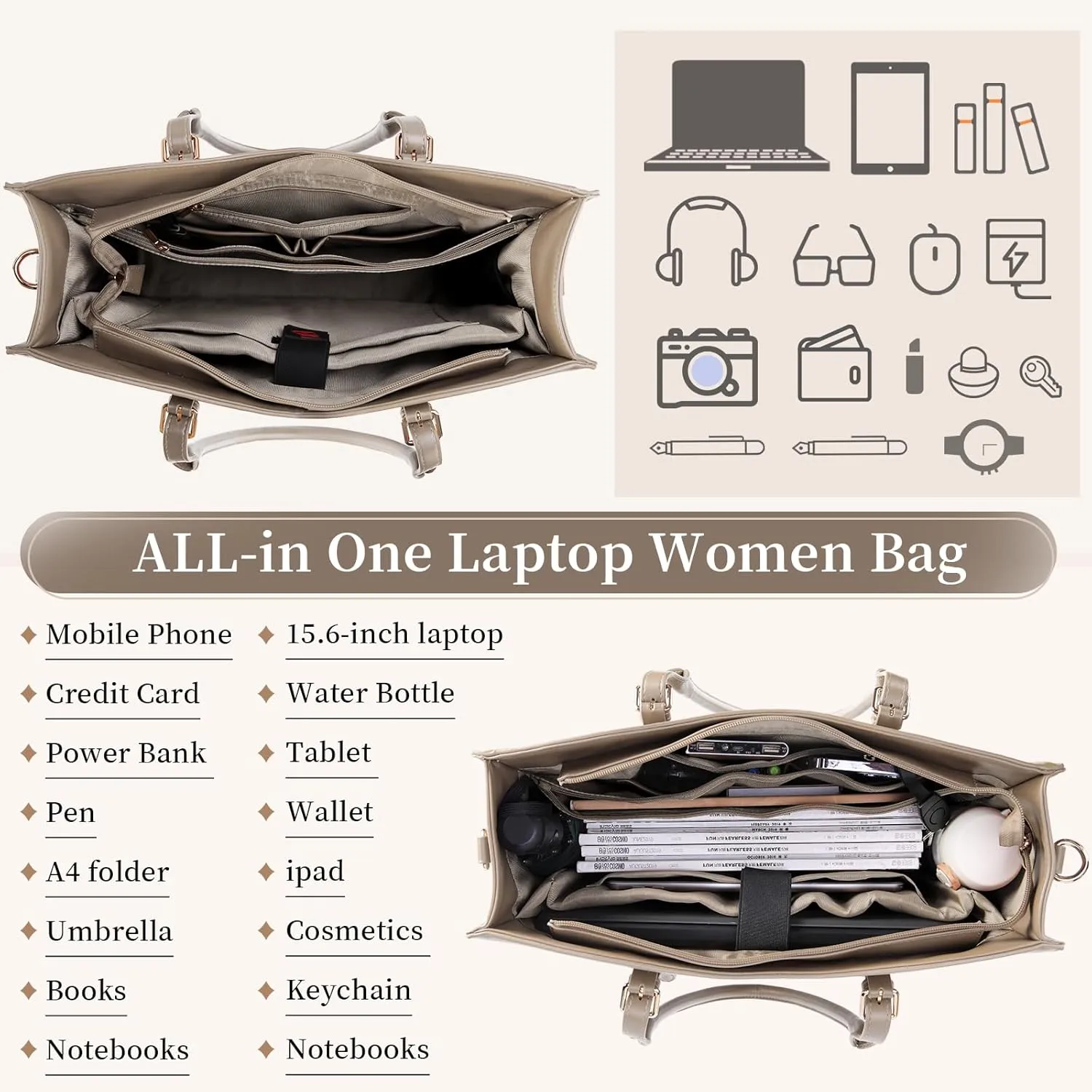 IGOLUMON Laptop Bag for Women 15.6 inch Waterproof Tote Leather Work purse Office Travel Handbag Shoulder Khaki