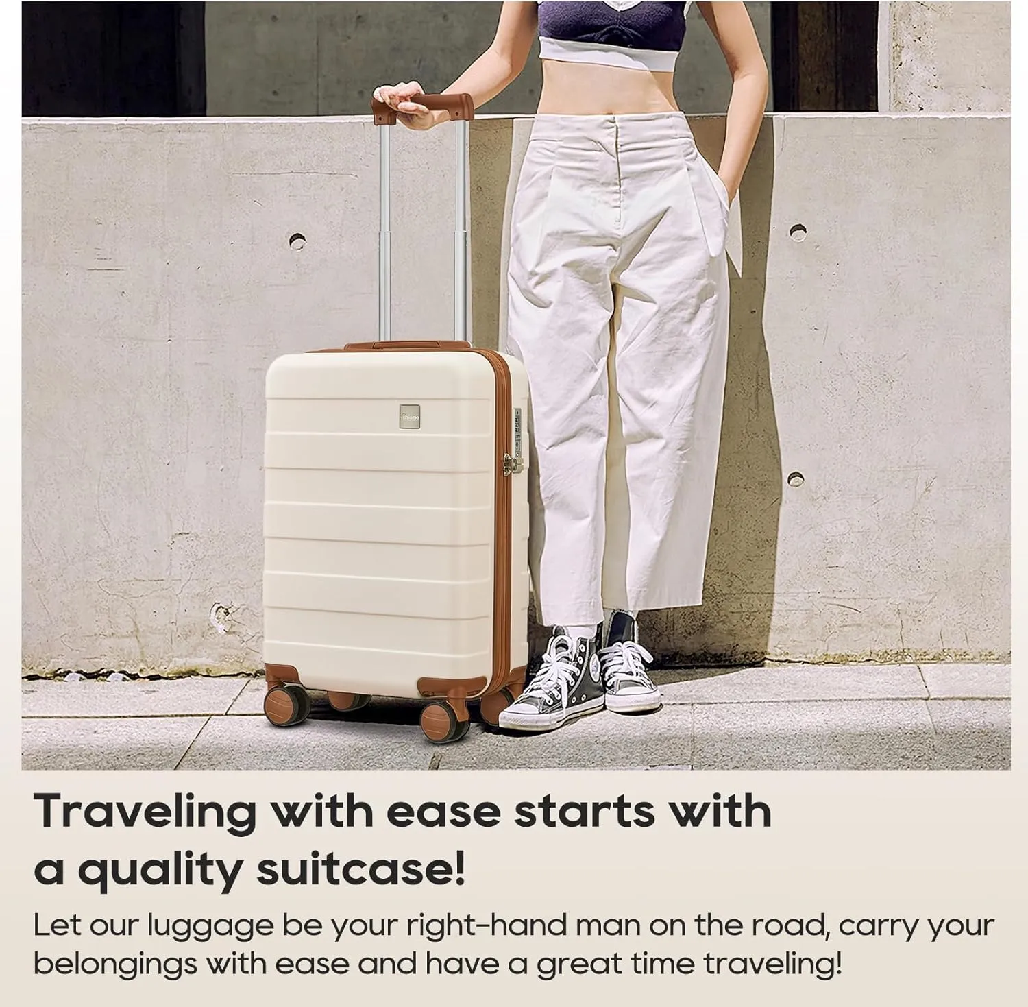imiomo Hard Shell 20 Inch Carry on Luggage 3 Piece Set with Travel Backpack, Lightweight Hardside Carry-On Suitcase with Spinner Wheels and TSA Lock, Beige