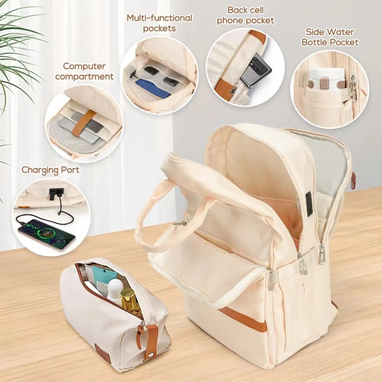 imiomo Hard Shell 20 Inch Carry on Luggage 3 Piece Set with Travel Backpack, Lightweight Hardside Carry-On Suitcase with Spinner Wheels and TSA Lock, Beige