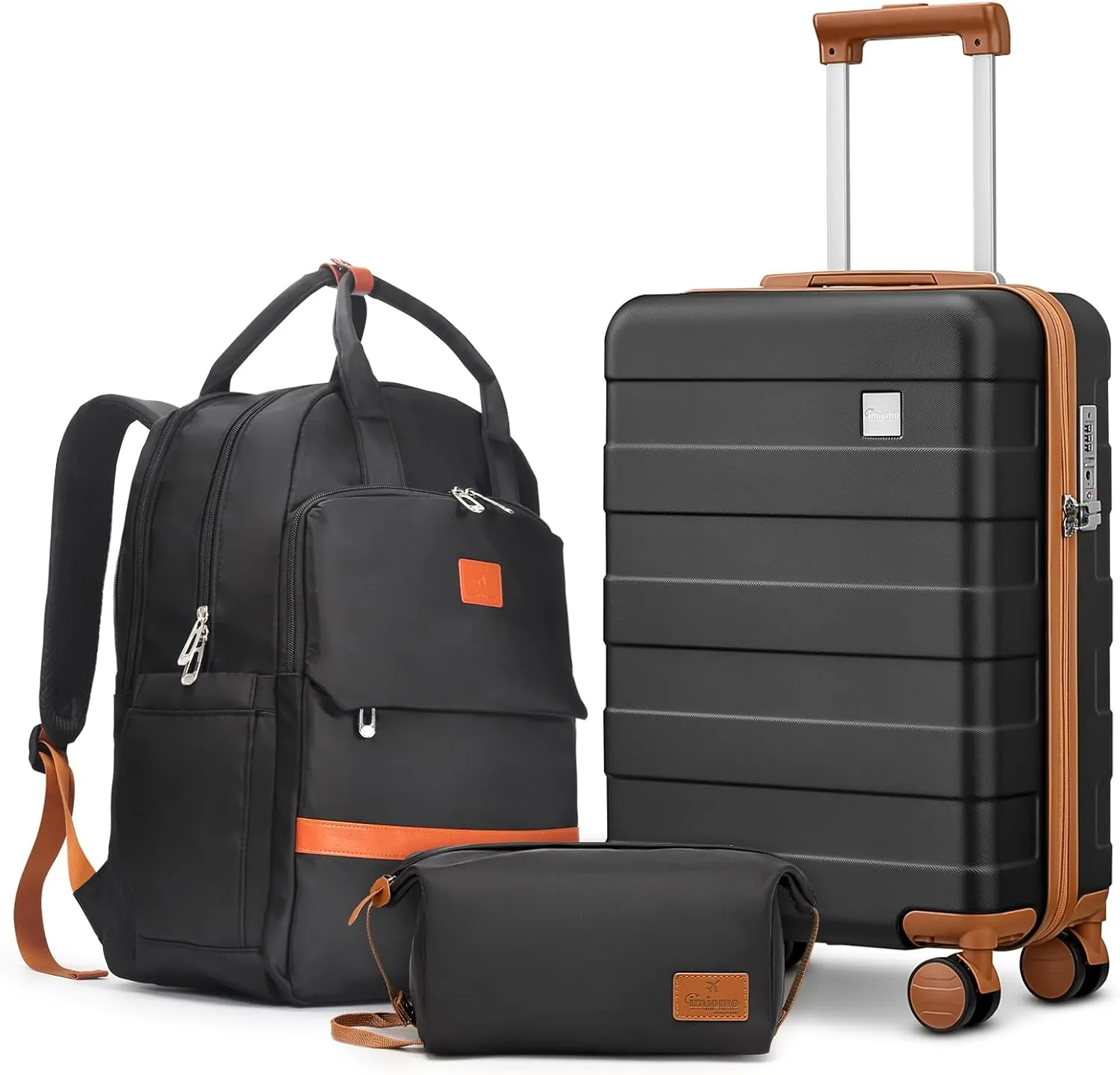 imiomo Hard Shell 20 Inch Carry on Luggage 3 Piece Set with Travel Backpack, Lightweight Hardside Carry-On Suitcase with Spinner Wheels and TSA Lock, Black
