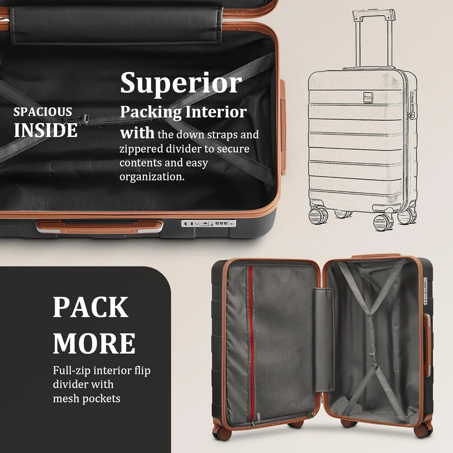 imiomo Hard Shell 20 Inch Carry on Luggage 3 Piece Set with Travel Backpack, Lightweight Hardside Carry-On Suitcase with Spinner Wheels and TSA Lock, Black