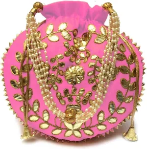 Indian Ethnic Clutch Baby Pink Wedding Potli with Gotta Patti Embroidery Work- Bridal & Festive Handbag Women H*L(cm):- 23 * 24