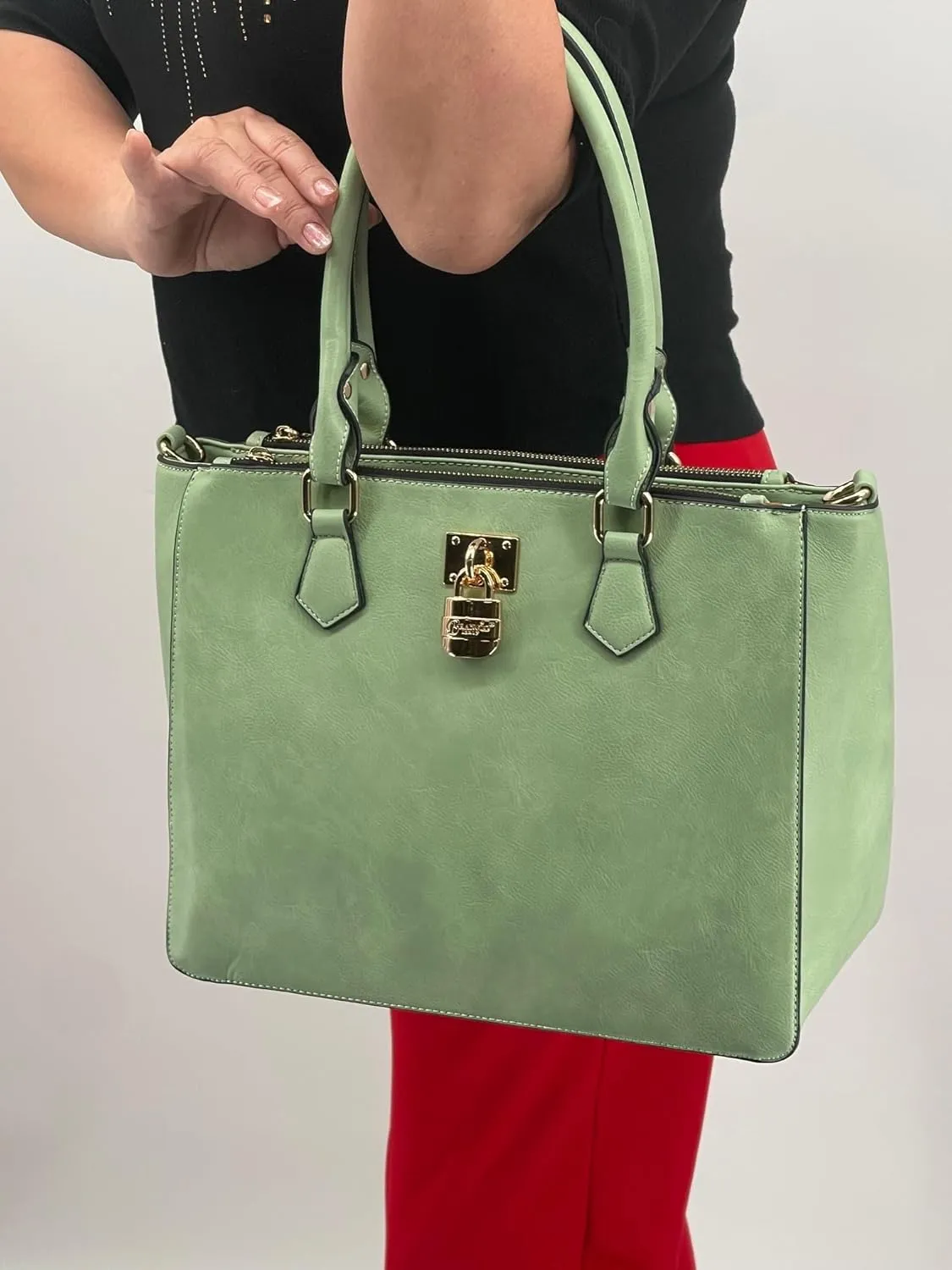 Italy “Lock Me Luxe” Structured Padlock Satchel – Designer Handbag with Double Handle & Detachable Strap