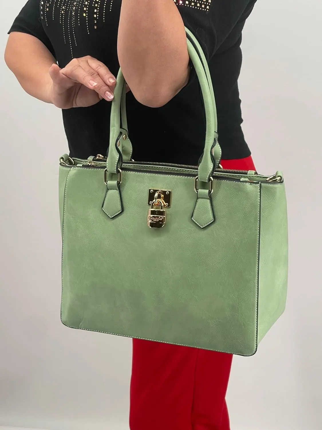 Italy “Lock Me Luxe” Structured Padlock Satchel – Designer Handbag with Double Handle & Detachable Strap