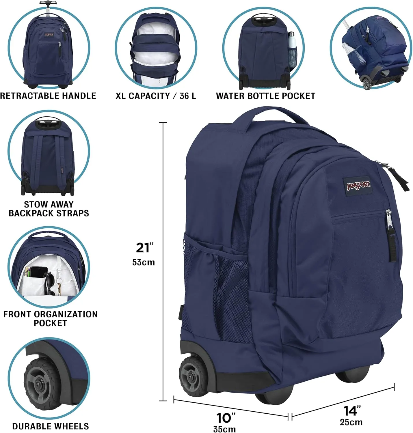JanSport Driver 8 Rolling Backpack - Wheeled Travel Bag with 15-Inch Laptop Sleeve, One Size, Navy