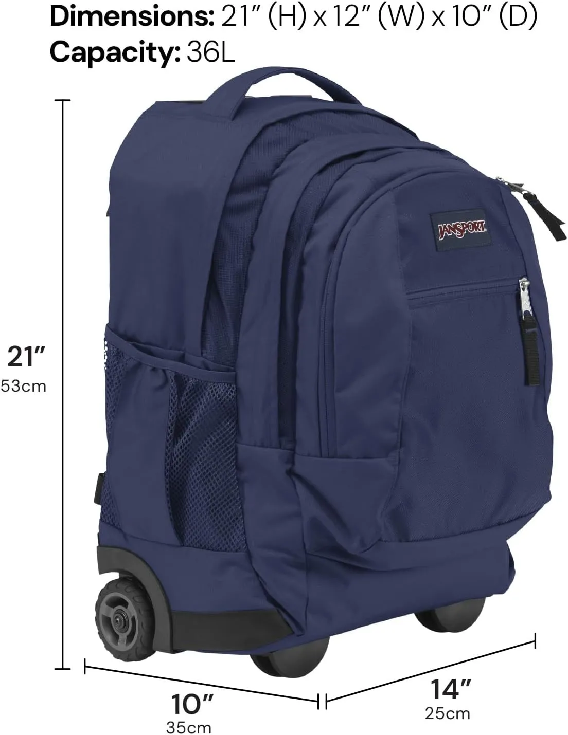JanSport Driver 8 Rolling Backpack - Wheeled Travel Bag with 15-Inch Laptop Sleeve, One Size, Navy