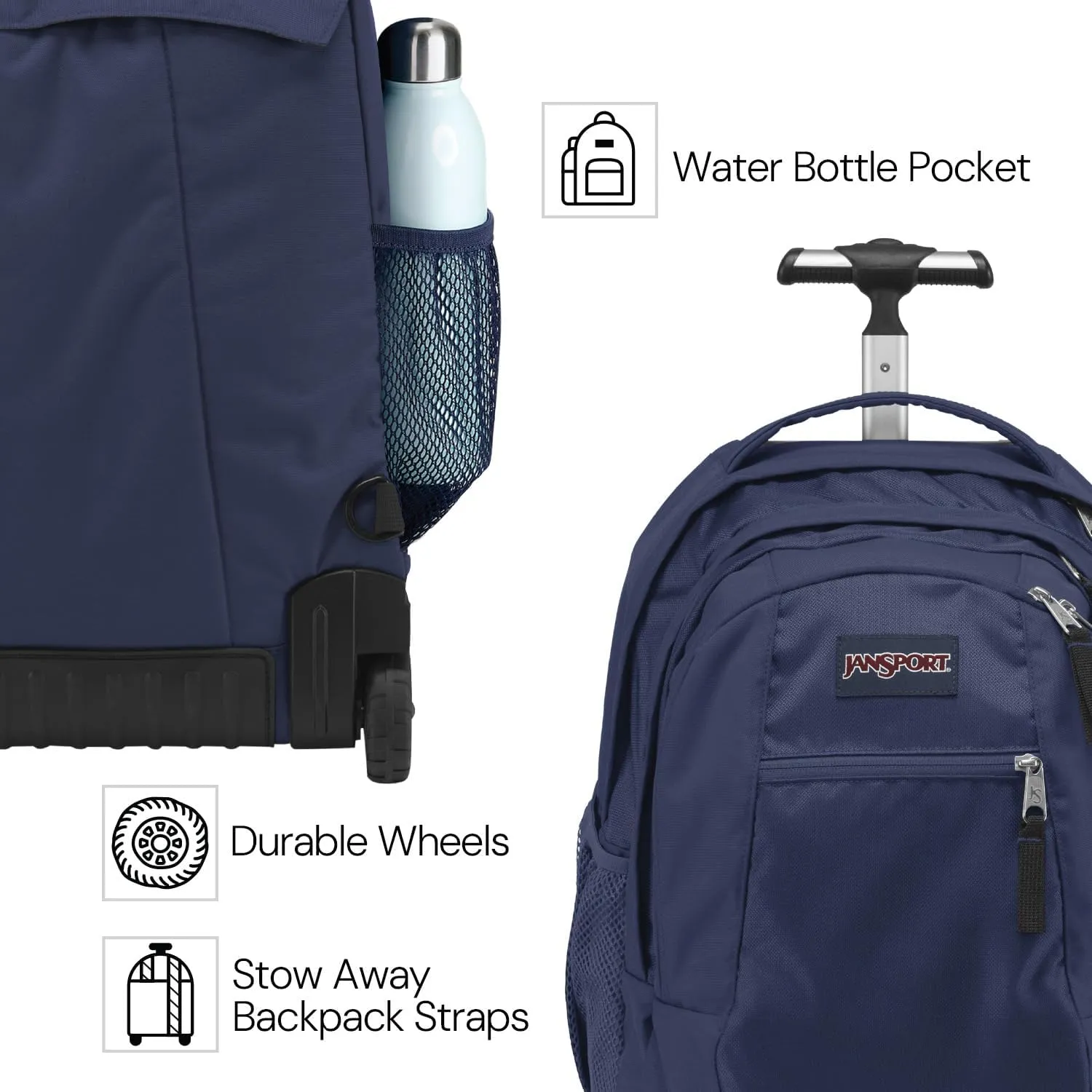 JanSport Driver 8 Rolling Backpack - Wheeled Travel Bag with 15-Inch Laptop Sleeve, One Size, Navy