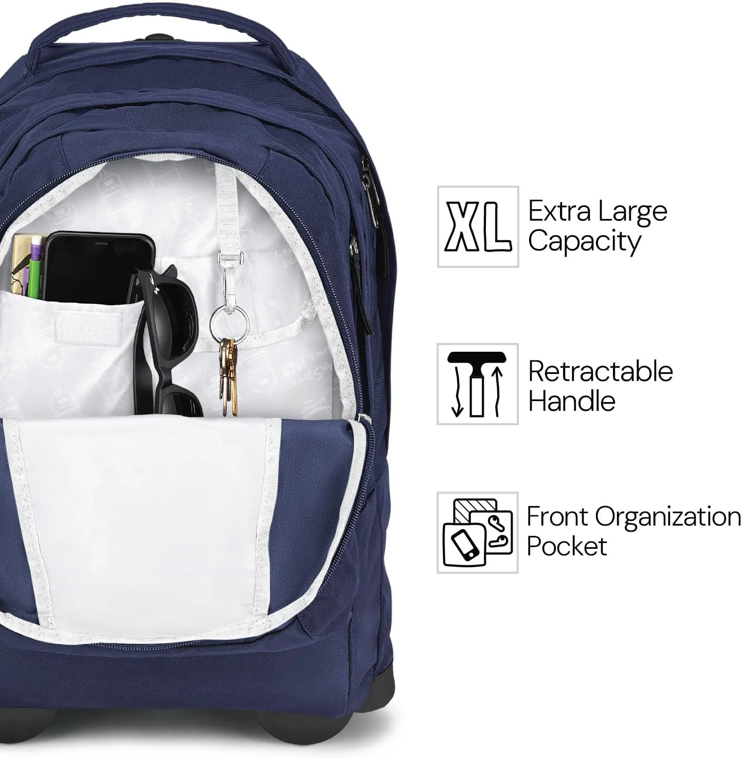 JanSport Driver 8 Rolling Backpack - Wheeled Travel Bag with 15-Inch Laptop Sleeve, One Size, Navy