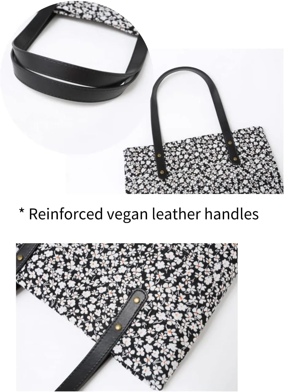 Jeelow Floral Cotton Canvas Tote Handbag with Vegan Leather Handles for Women - Lightweight Shoulder Bag Purse Snap Closure
