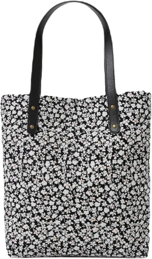 Jeelow Floral Cotton Canvas Tote Handbag with Vegan Leather Handles for Women - Lightweight Shoulder Bag Purse Snap Closure