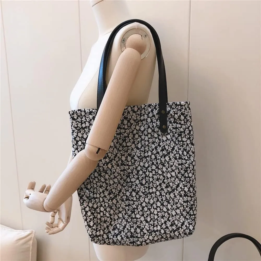 Jeelow Floral Cotton Canvas Tote Handbag with Vegan Leather Handles for Women - Lightweight Shoulder Bag Purse Snap Closure