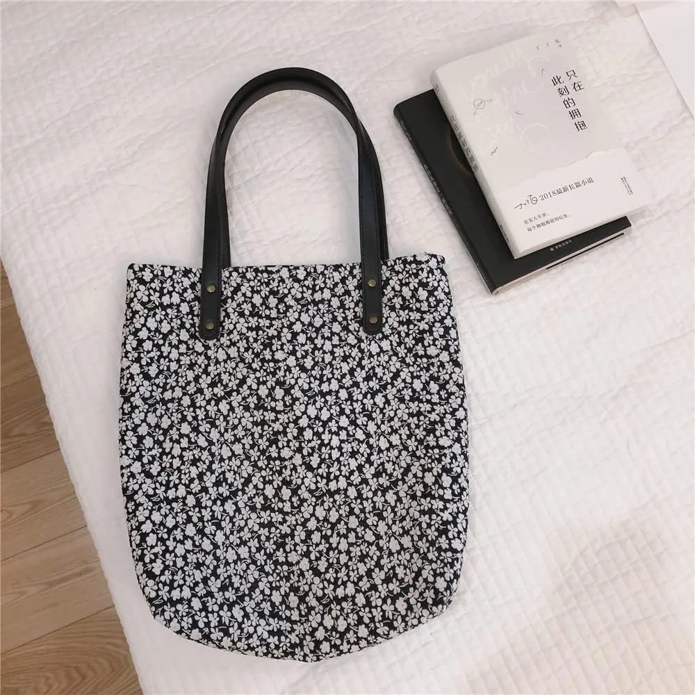 Jeelow Floral Cotton Canvas Tote Handbag with Vegan Leather Handles for Women - Lightweight Shoulder Bag Purse Snap Closure
