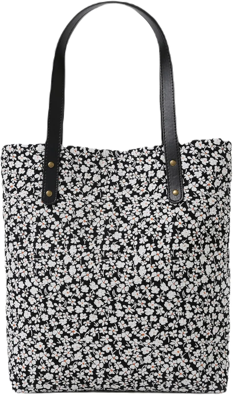 Jeelow Floral Cotton Canvas Tote Handbag with Vegan Leather Handles for Women - Lightweight Shoulder Bag Purse Snap Closure