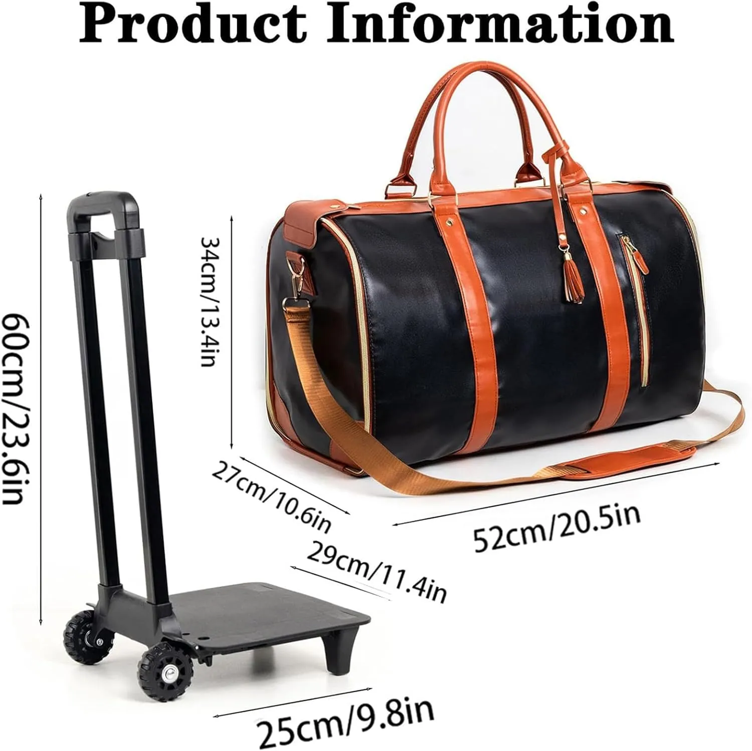 Jenni Bag, PU Leather 2 in 1 Hanging Suitcase Travel Bags, Jenni Bag Travel Bag with Wheels, Convertible Garment Duffel Bag, High Capacity with Shoe Compartment (Black-With pull rod)