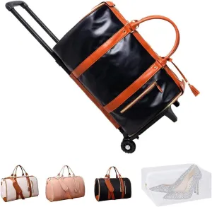 Jenni Bag, PU Leather 2 in 1 Hanging Suitcase Travel Bags, Jenni Bag Travel Bag with Wheels, Convertible Garment Duffel Bag, High Capacity with Shoe Compartment (Black-With pull rod)