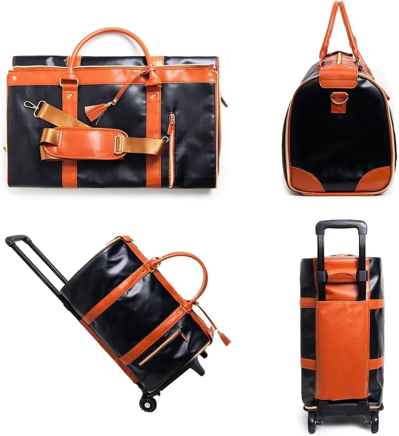 Jenni Bag, PU Leather 2 in 1 Hanging Suitcase Travel Bags, Jenni Bag Travel Bag with Wheels, Convertible Garment Duffel Bag, High Capacity with Shoe Compartment (Black-Without pull rod)