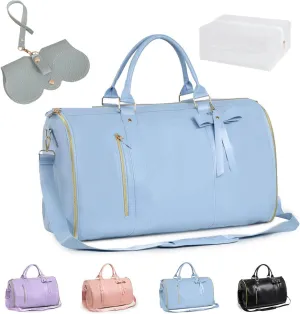 Jenni Convertible Travel Bag with Removable Wheels,High Capacity with Shoe Compartment,PU Leather 2 in 1 Hanging Suitcase Travel Bags,Convertible Garment Bags for Trave l with Shoe Pouch (Blue)