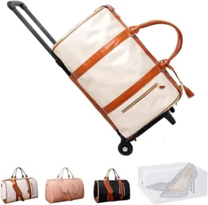 Jenni Travel Bag, Jenni Bag Travel Bag with Wheels, PU Leather 2 in 1 Hanging Suitcase Travel Bags, Waterproof Convertible Travel Garment Bag with Shoe Pouch (Beige(with pull rod))