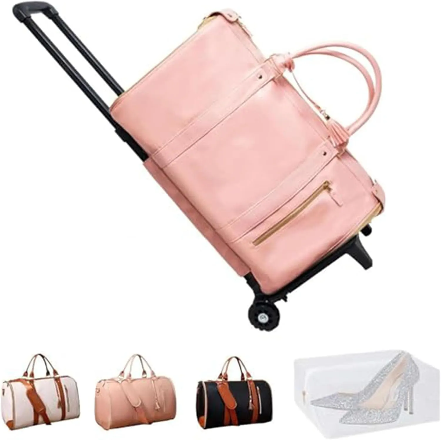Jenni Travel Bag, Jenni Bag Travel Bag with Wheels, PU Leather 2 in 1 Hanging Suitcase Travel Bags, Waterproof Convertible Travel Garment Bag with Shoe Pouch (Pink(with pull rod))