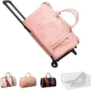 Jenni Travel Bag, Jenni Bag Travel Bag with Wheels, PU Leather 2 in 1 Hanging Suitcase Travel Bags, Waterproof Convertible Travel Garment Bag with Shoe Pouch (Pink(with pull rod))