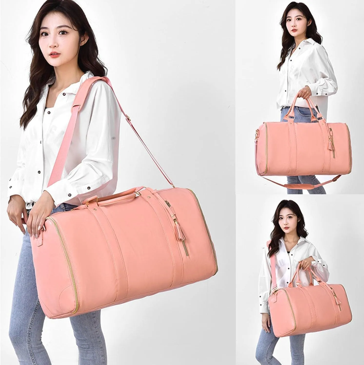 Jenni Travel Bag, Jenni Bag Travel Bag with Wheels, PU Leather 2 in 1 Hanging Suitcase Travel Bags, Waterproof Convertible Travel Garment Bag with Shoe Pouch (Pink(with pull rod))