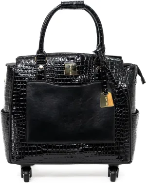 Jet Black Rolling Laptop Bag for Women – 17.3" Crocodile Embossed PU Leather Briefcase with 4 Spinner Wheels – Elegant Business Travel Tote with Wheels for Office and Commute