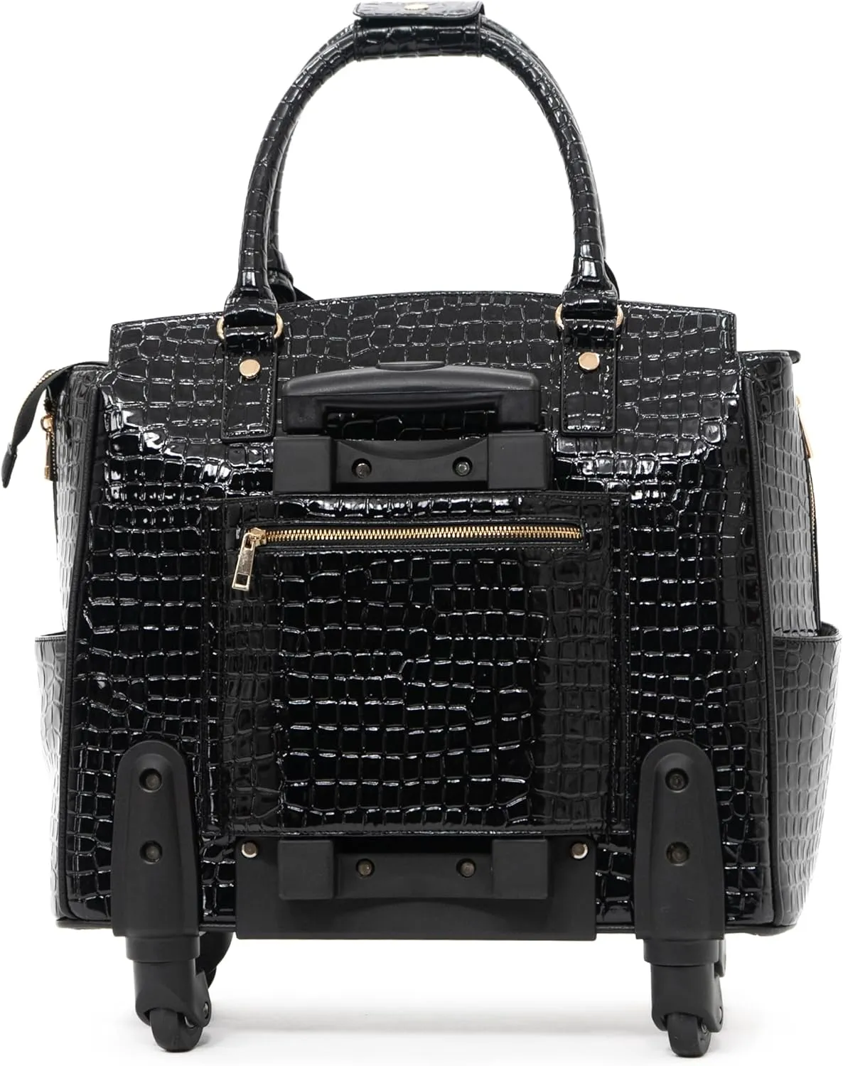 Jet Black Rolling Laptop Bag for Women – 17.3" Crocodile Embossed PU Leather Briefcase with 4 Spinner Wheels – Elegant Business Travel Tote with Wheels for Office and Commute