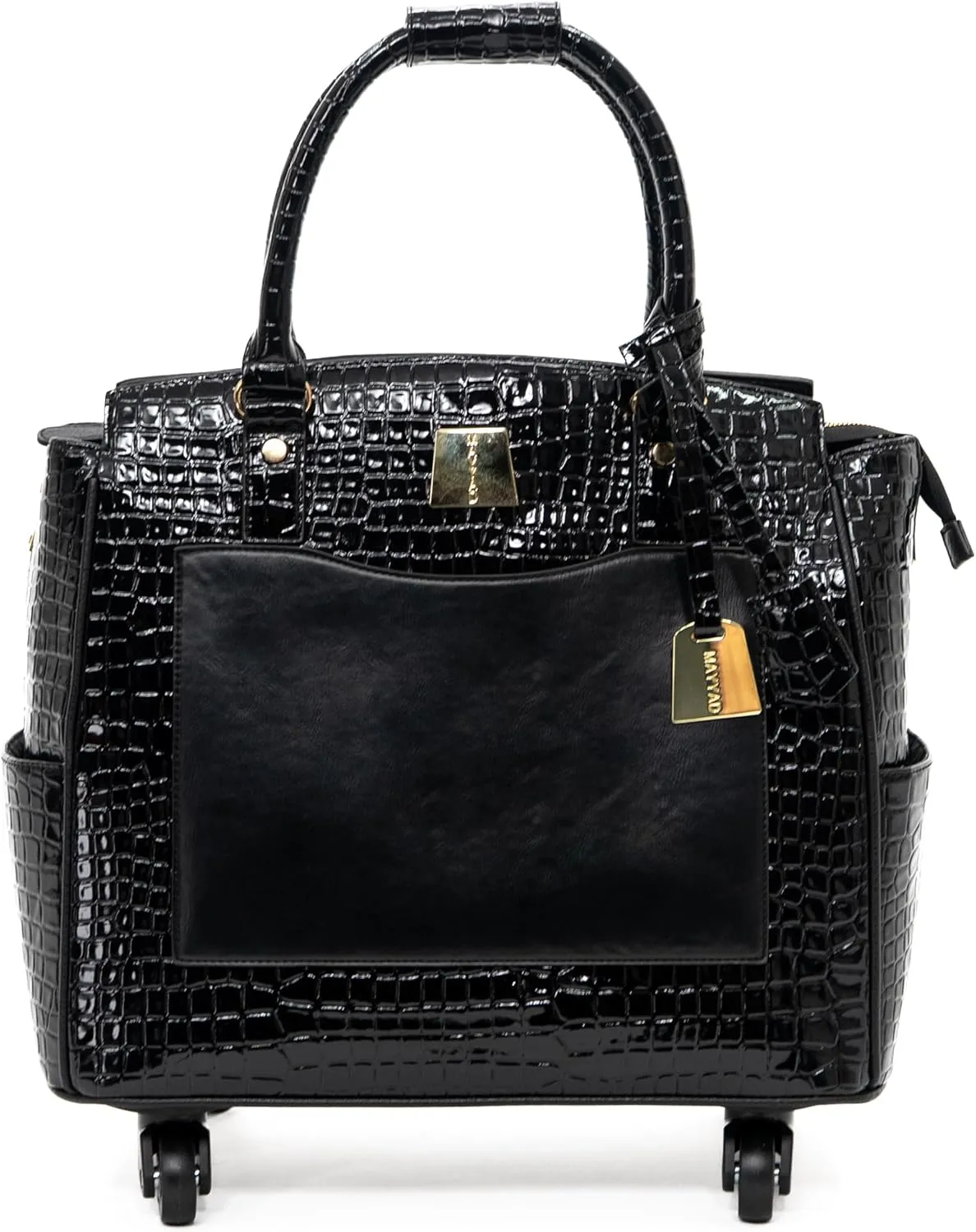 Jet Black Rolling Laptop Bag for Women – 17.3" Crocodile Embossed PU Leather Briefcase with 4 Spinner Wheels – Elegant Business Travel Tote with Wheels for Office and Commute