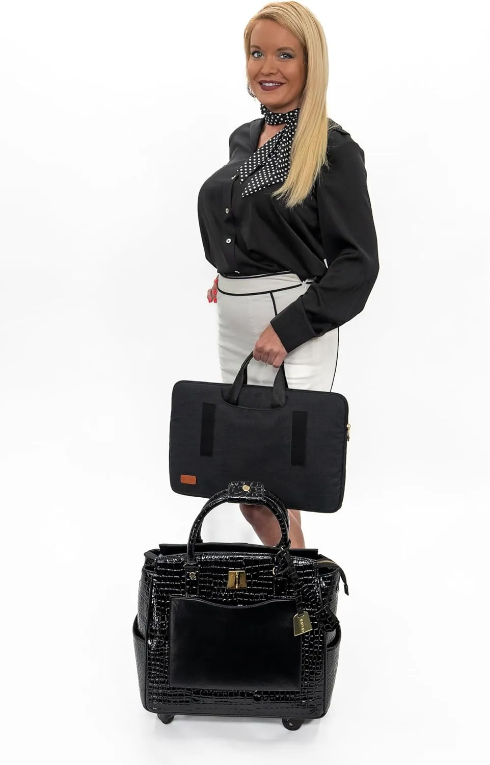 Jet Black Rolling Laptop Bag for Women – 17.3" Crocodile Embossed PU Leather Briefcase with 4 Spinner Wheels – Elegant Business Travel Tote with Wheels for Office and Commute