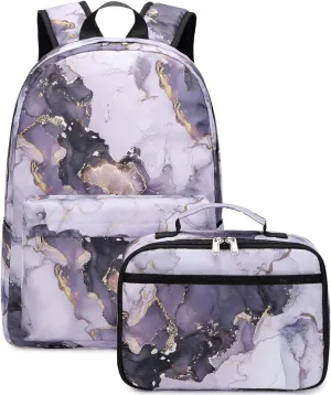 JIANYA Backpacks for Girls, Marble Girls Backpack with Lunch Box Kids School Bag Travel Back Packs