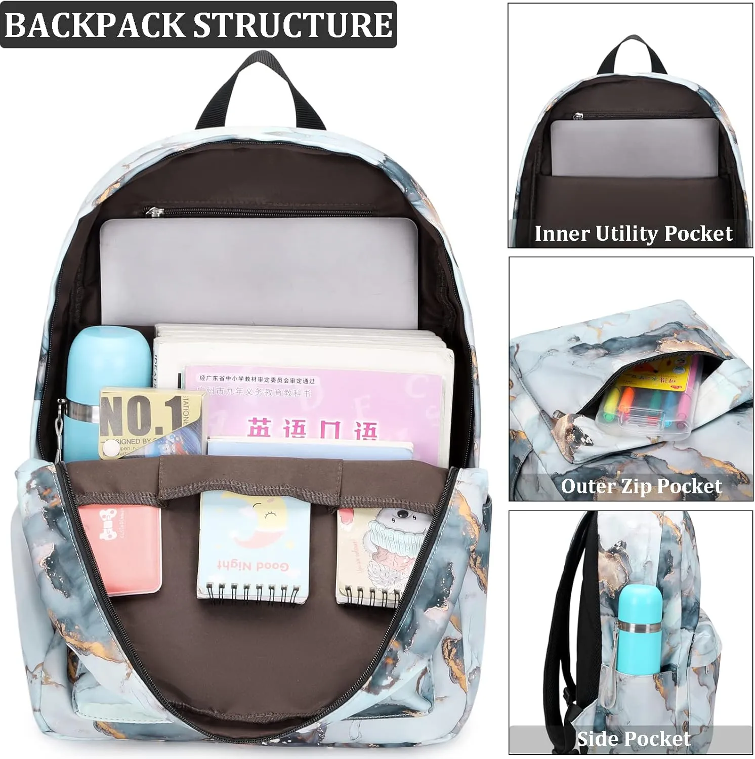 JIANYA Backpacks for Girls, Marble Girls Backpack with Lunch Box Kids School Bag Travel Back Packs