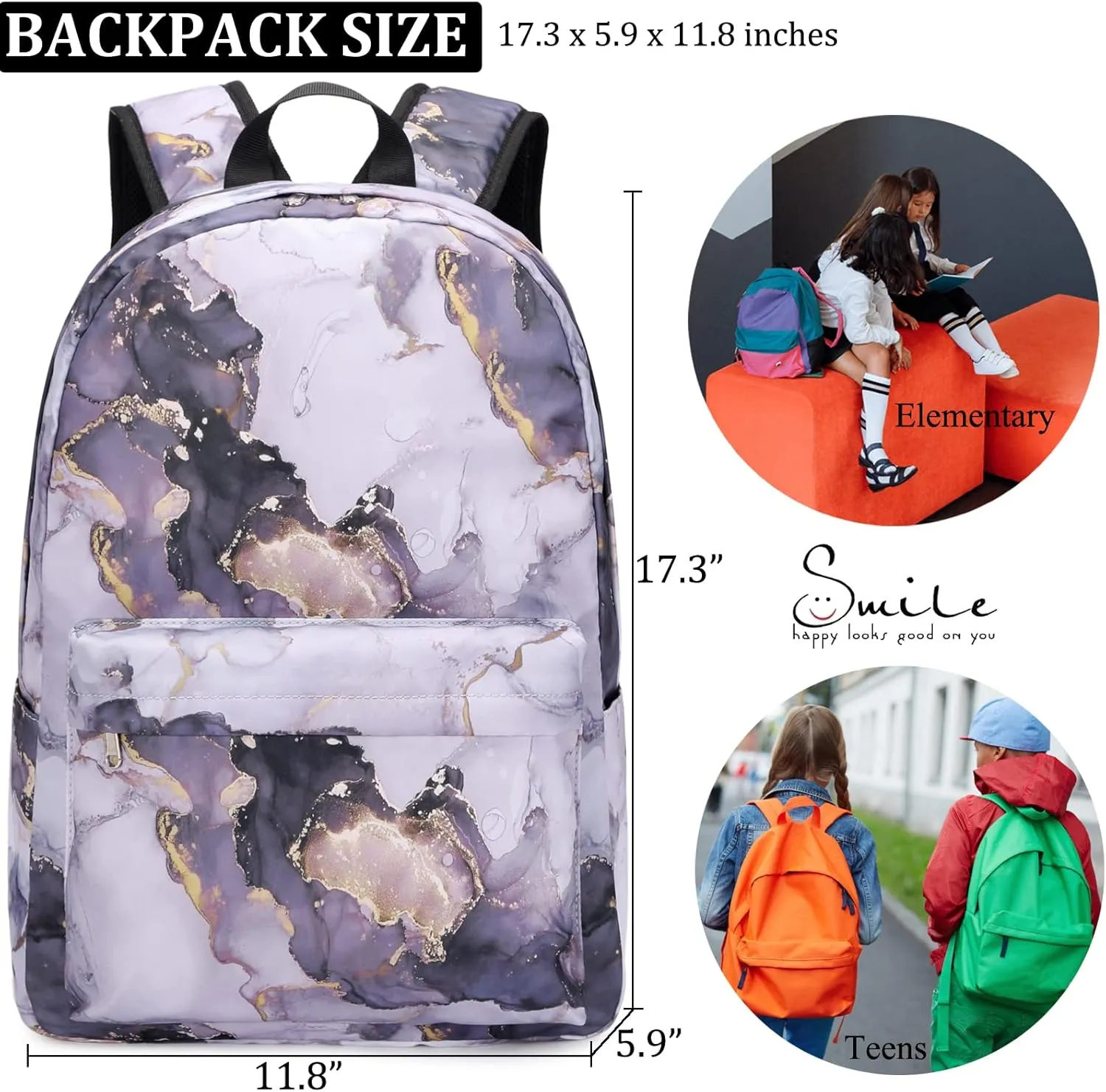 JIANYA Backpacks for Girls, Marble Girls Backpack with Lunch Box Kids School Bag Travel Back Packs