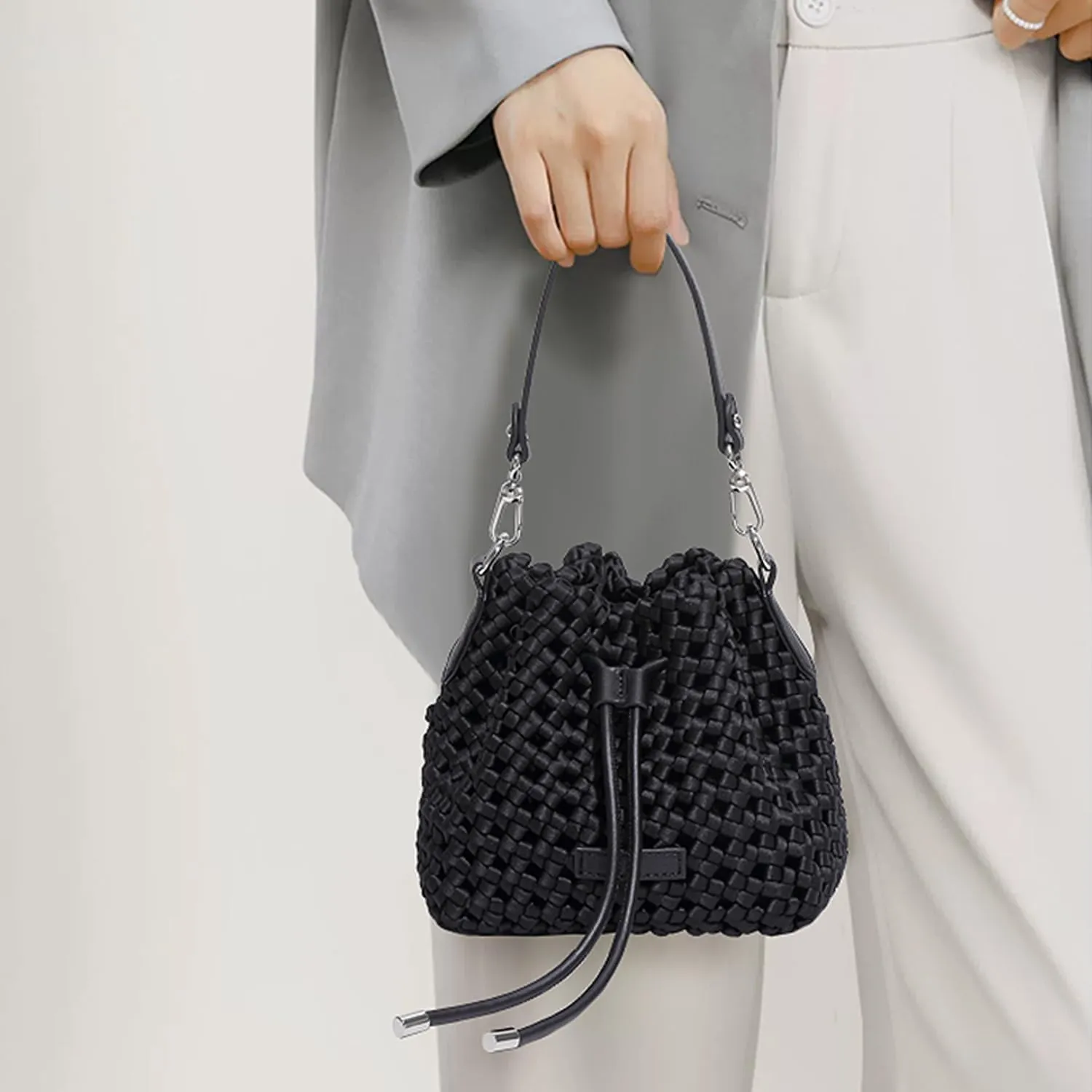 JINMANXUE Fashion Hollow Bucket Tote Bag For Women, Crossbody Female Handbag Woven Silk bag Leisure Leather Shoulder Bag