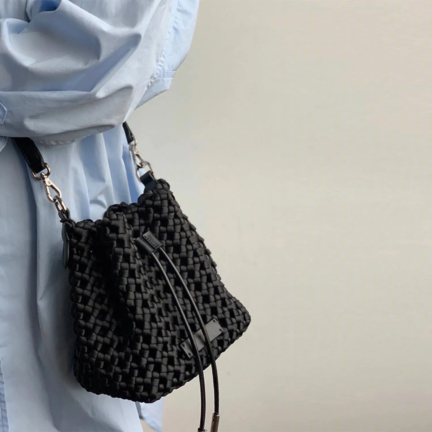 JINMANXUE Fashion Hollow Bucket Tote Bag For Women, Crossbody Female Handbag Woven Silk bag Leisure Leather Shoulder Bag