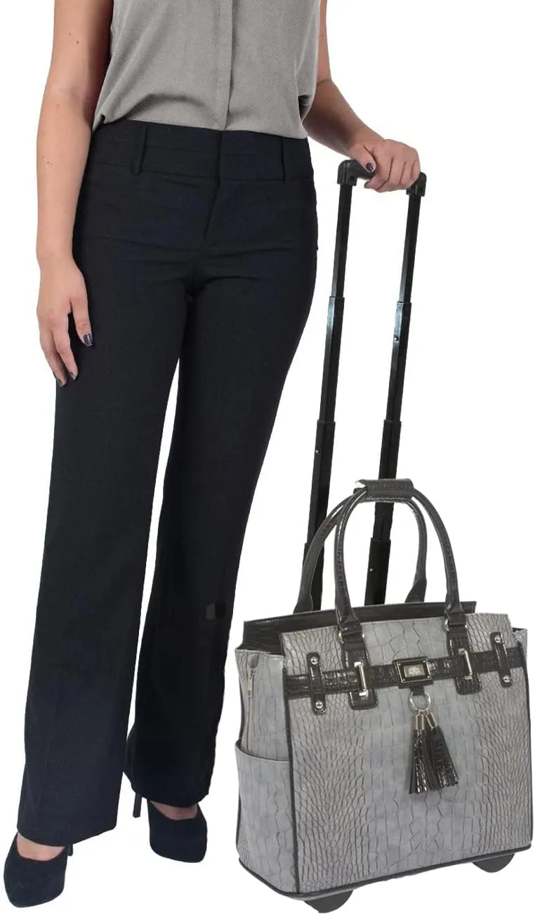JKM & Company Rolling Laptop Bag for Women | Designer Wheeled Briefcase | Fits 13-17" Laptops | Office Travel Computer Case (Greystone (Grey))
