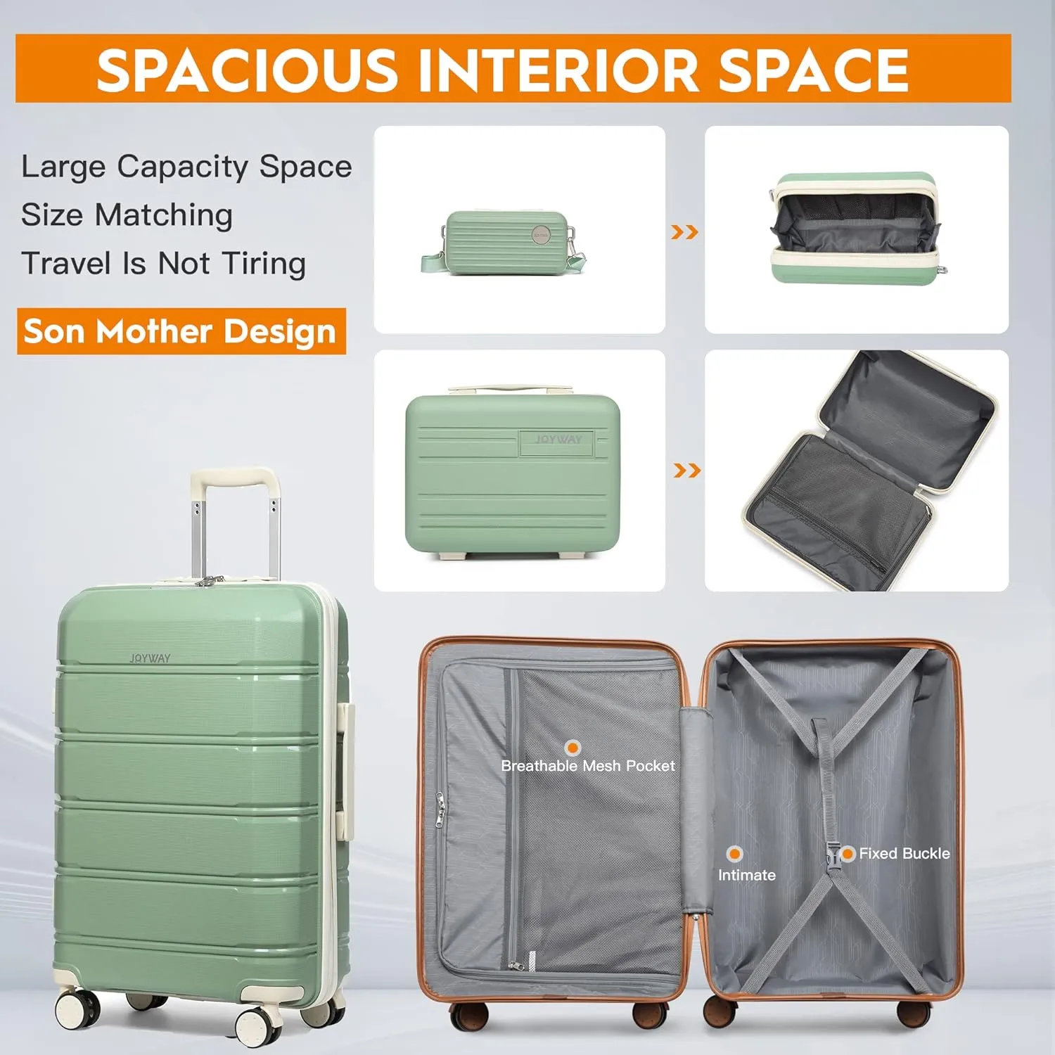 Joyway 2 Piece Carry On Luggage Sets, Lightweight Rolling Hardside Checked with TSA Lock Suitcase with Spinner Wheels for Women and Men Travel Baggage Tea Green