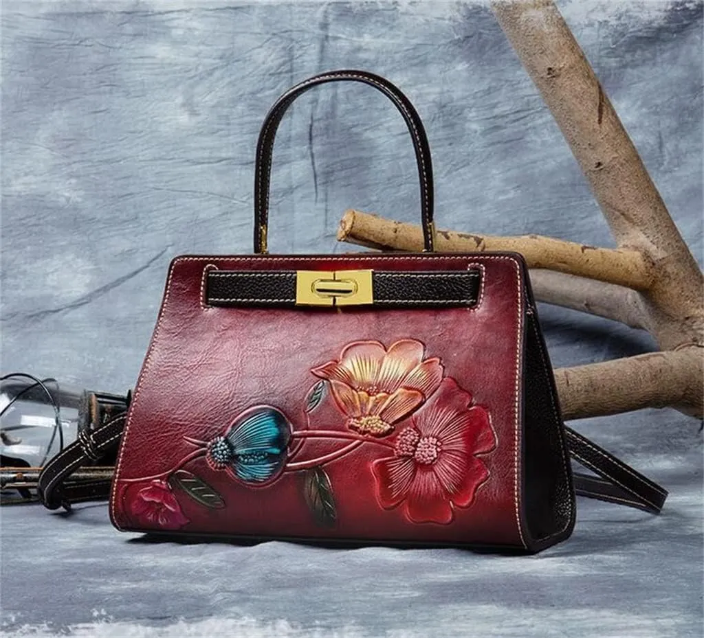 JSEIAJB Vintage Elegant Women's Bag Floral Handbag Hand Embossed Large Capacity Shoulder Bag