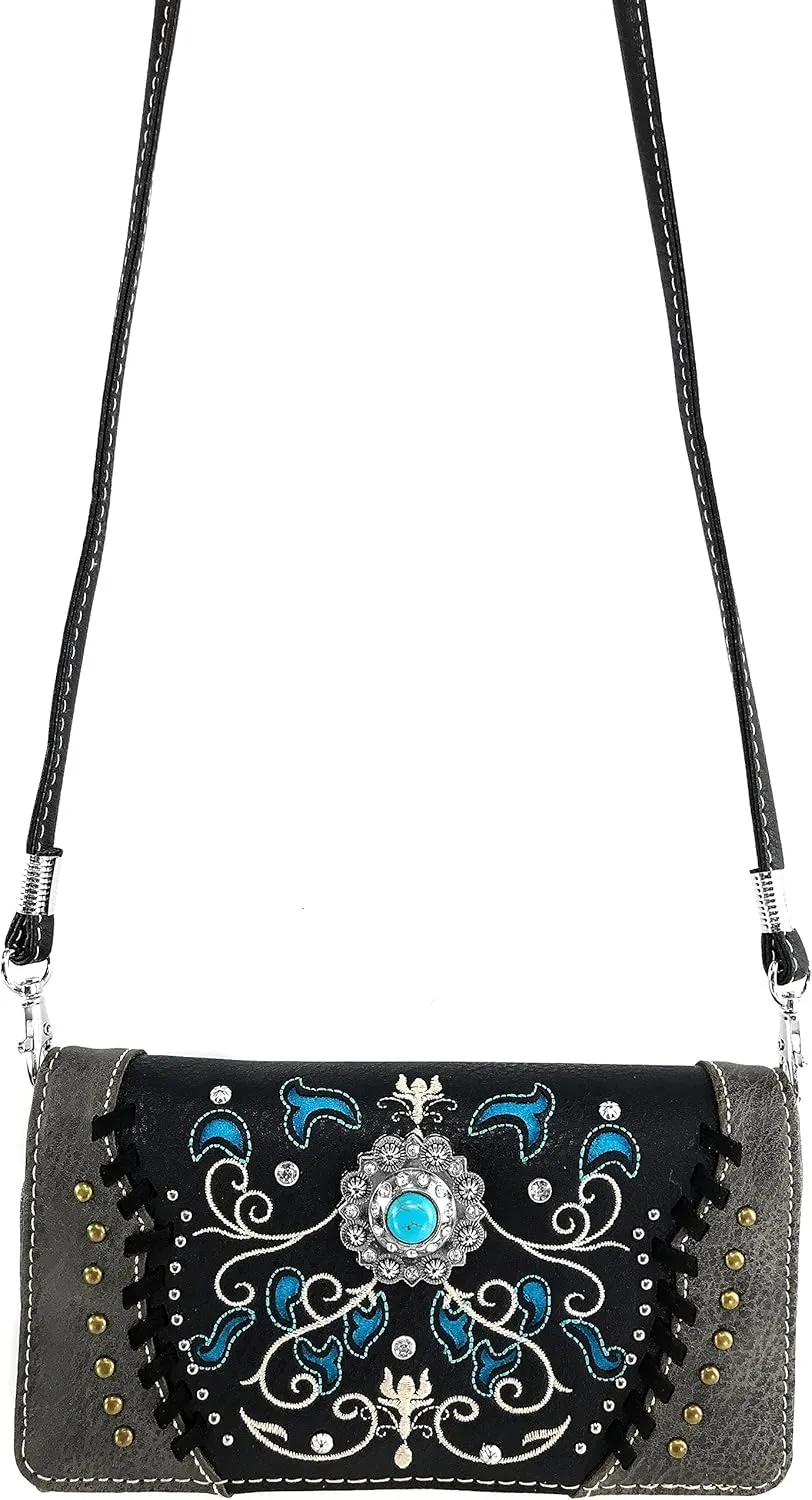 Justin West Concho Floral Embroidered Studded CCW Concealed Carry Shoulder Purse Handbag Wallet