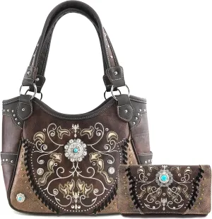 Justin West Concho Floral Embroidered Studded CCW Concealed Carry Shoulder Purse Handbag Wallet