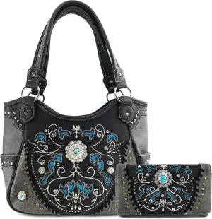 Justin West Concho Floral Embroidered Studded CCW Concealed Carry Shoulder Purse Handbag Wallet