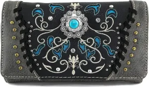Justin West Concho Floral Embroidered Studded CCW Concealed Carry Shoulder Purse Handbag Wallet