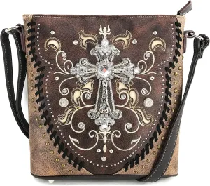 Justin West Cross Floral Embroidered Studded CCW Concealed Carry Shoulder Purse Handbag Wallet